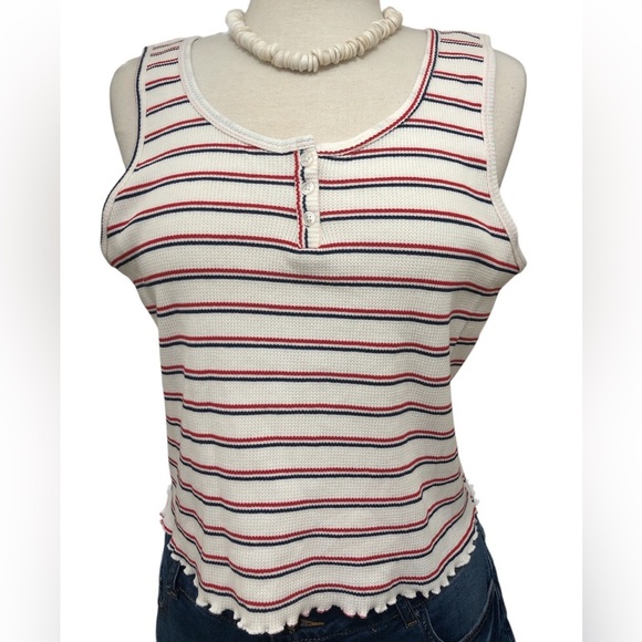 SO White with Red & Blue Stripes Henley Tank - Picture 3 of 6